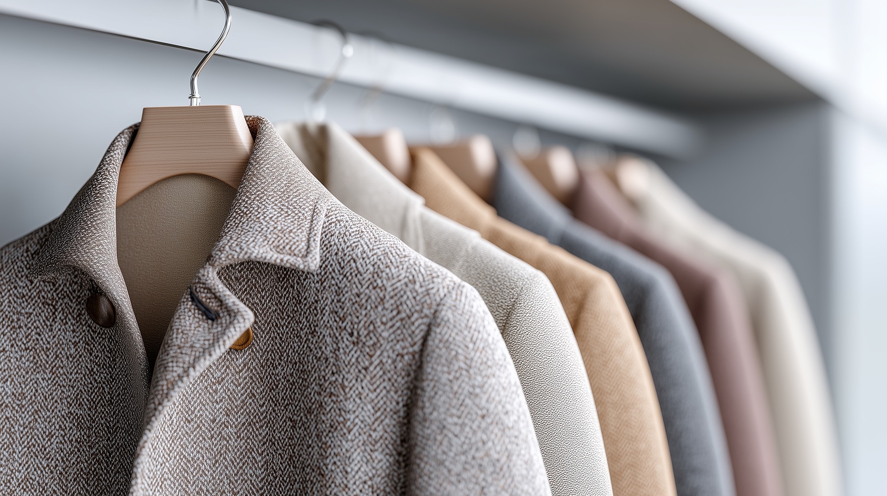 Neutral-toned coats hang neatly in a closet, showcasing a sophisticated and minimalist style.